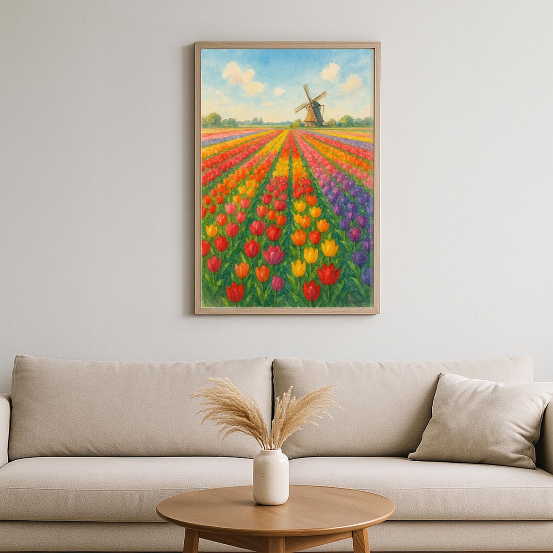 Dutch Tulip Field Watercolor Colorful Windmill Spring Poster - Image 2
