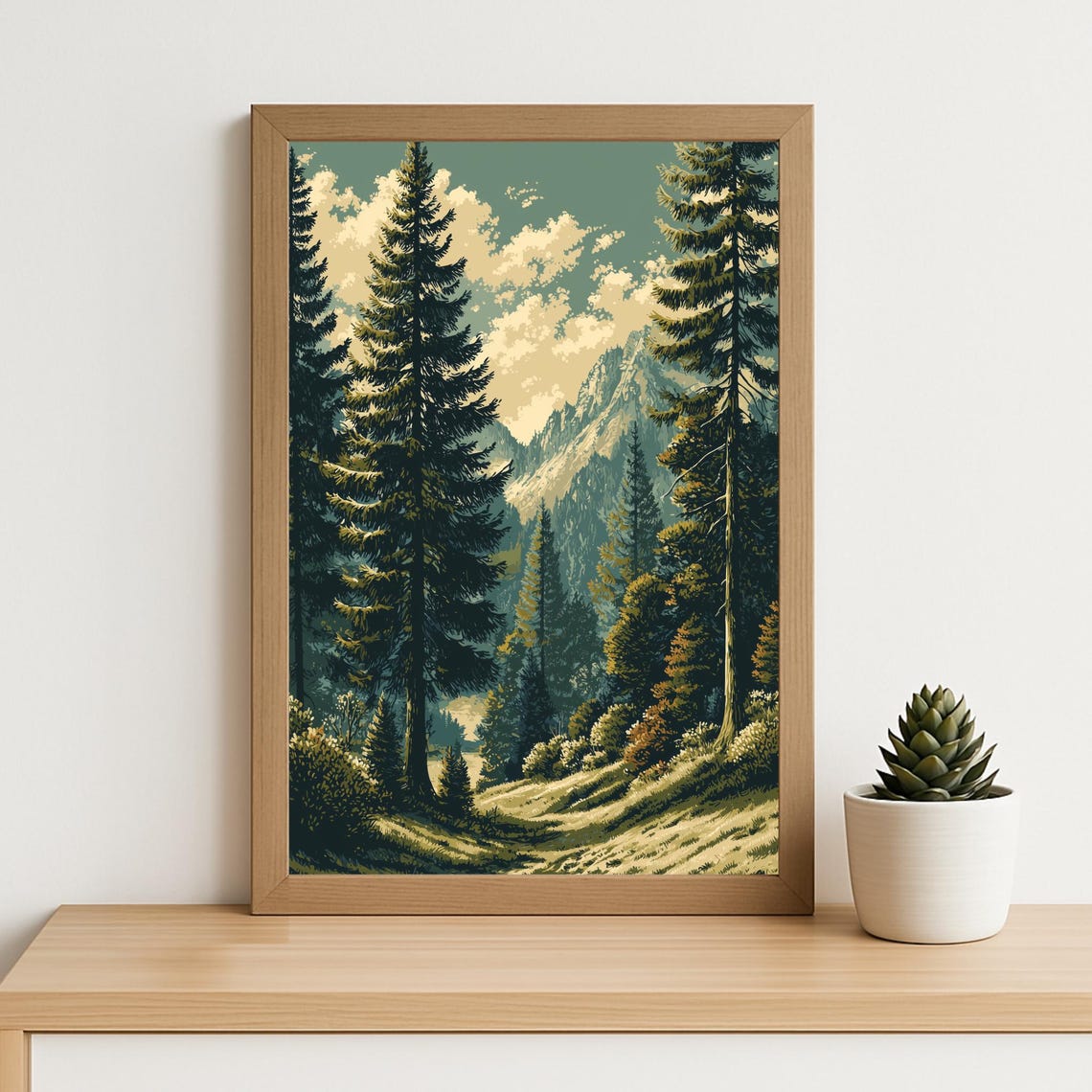 Vintage Pine Forest Mountain Path Retro Nature Landscape Wall Art