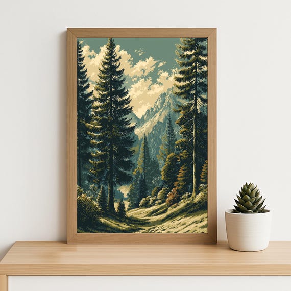 Vintage Pine Forest Mountain Path Print Retro Landscape Wall Art For Nature Cabin Or Rustic Hiking Decor