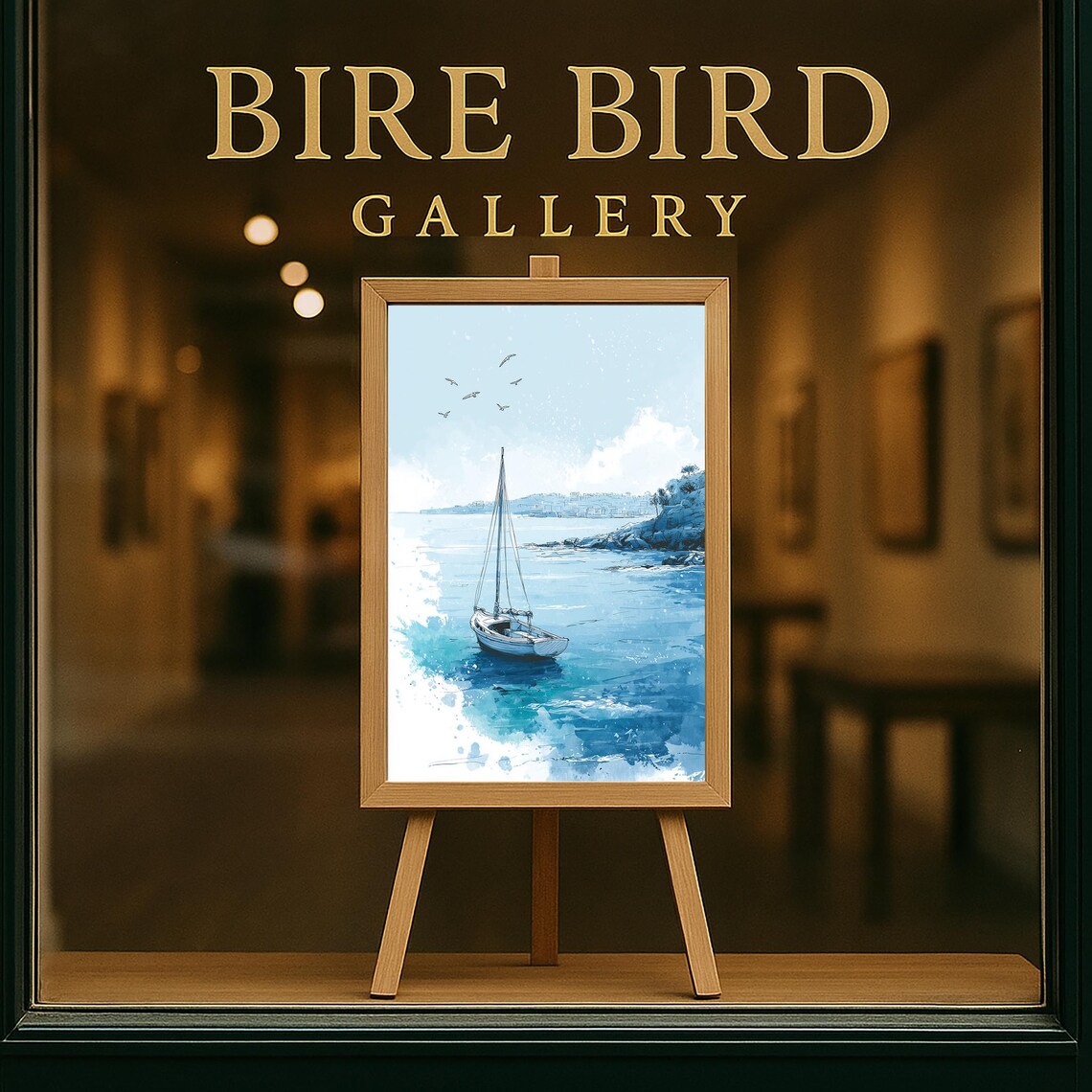 Lone Sailboat Sparkling Blue Ocean Waves Watercolor Art Poster - Image 5