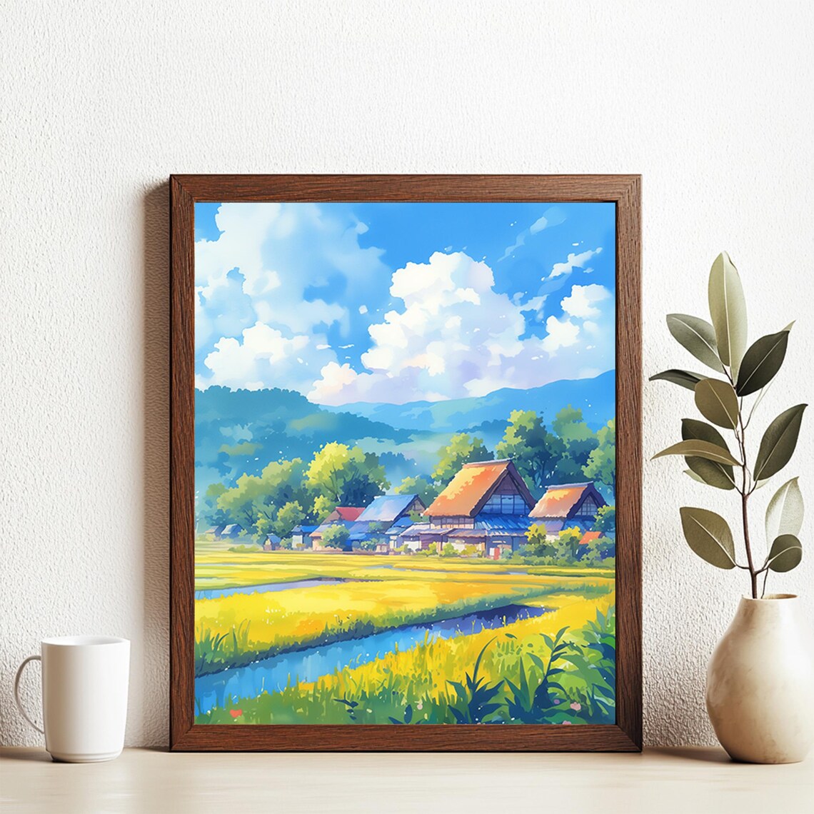 Watercolor Japan Countryside Rice Fields Farmhouse Landscape Poster