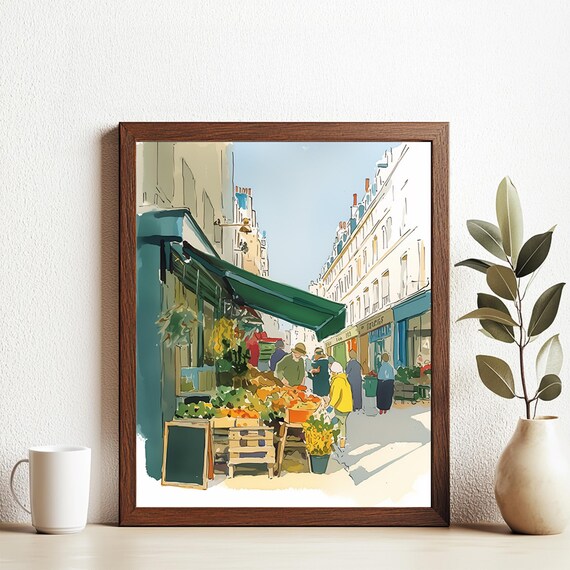 Sunny London Street Market With Fruit Stalls and Shoppers Poster