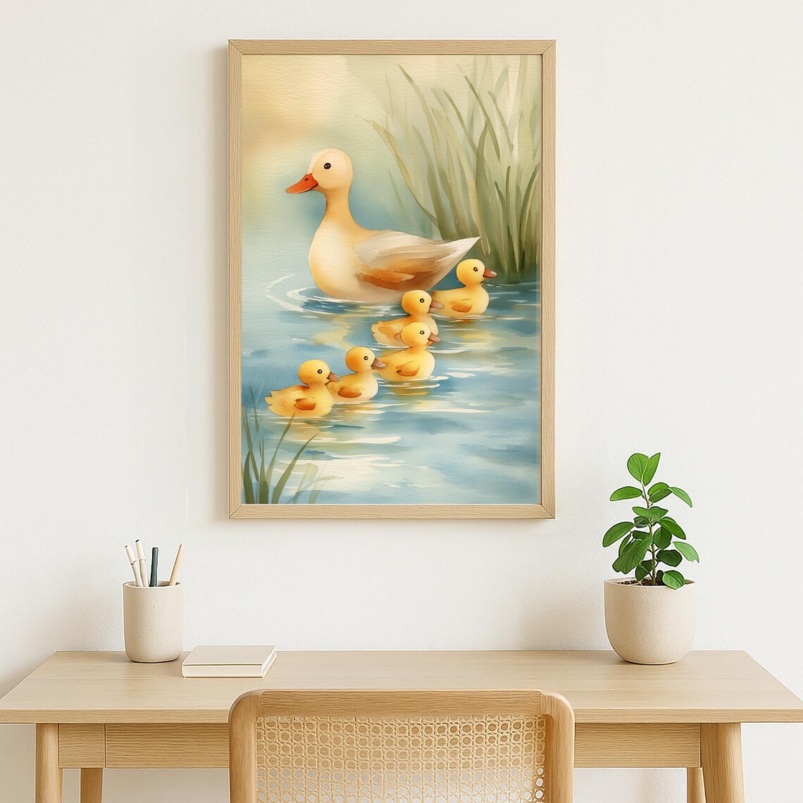 Mother Duck With Five Ducklings Swimming Watercolor Cute Nursery Poster - Image 4