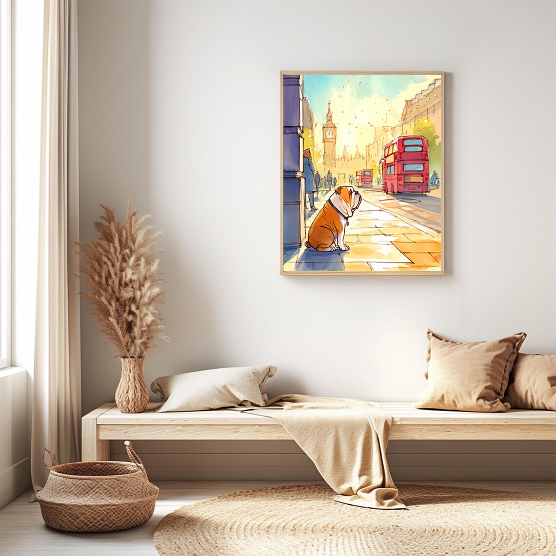 English Bulldog Watercolor London Street Big Ben Red Bus Poster - Image 2