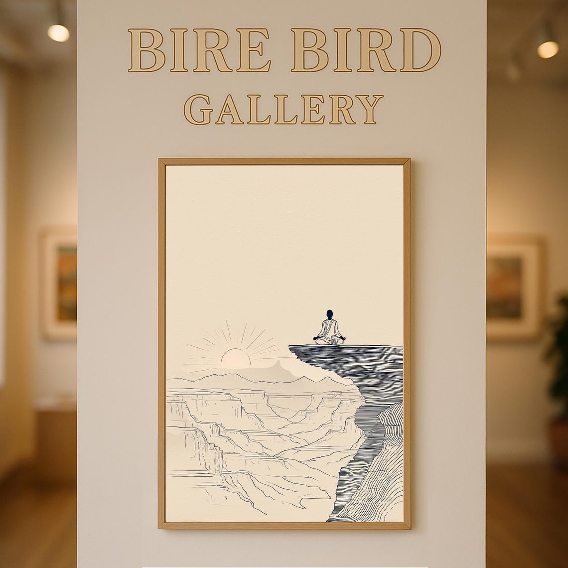 Man Meditating On Canyon Cliff Edge Sunrise Minimalist Line Poster