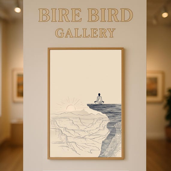 Minimalist Cliffside Meditation Wall Art Zen Sunrise Yoga Poster Serene Landscape Line Drawing For Calm Home Mindful Living Decor