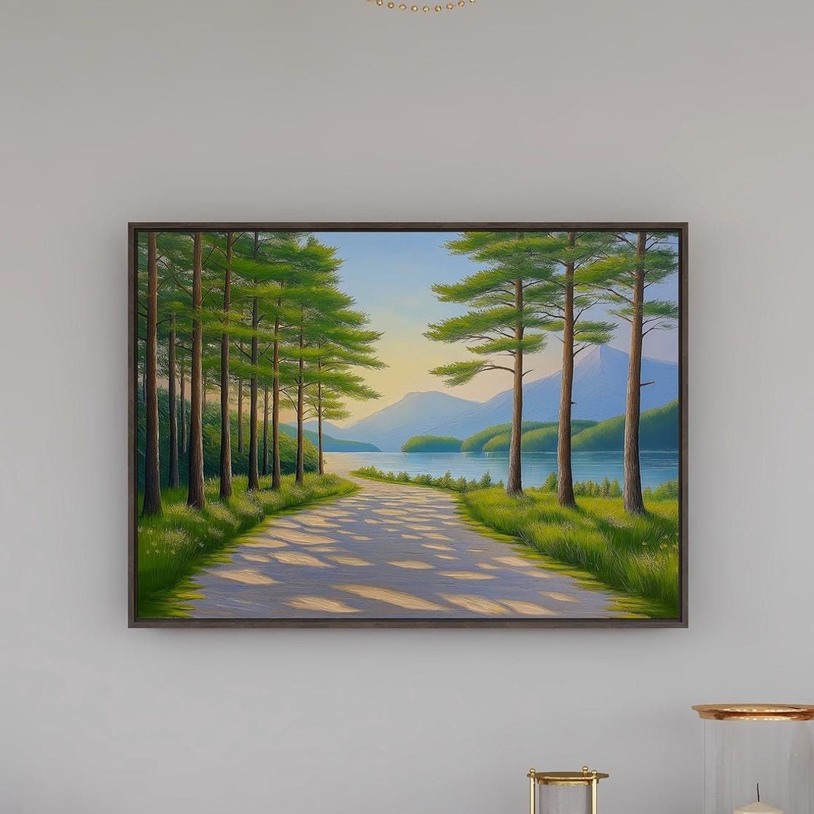 Serene Pine Forest Path Leading to Misty Mountain Lake Poster - Image 3