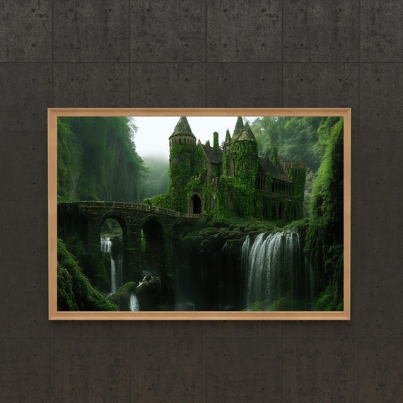 Mystical Forest Castle Art Print Enchanted Gothic Bridge And Waterfall Scene Fantasy Fairytale Wall Art Decor