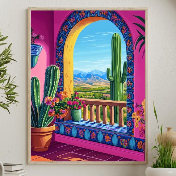 Vibrant Mexican Hacienda Art Print Colorful Cactus Patio Scene With Mountain View Southwestern For Boho Decor