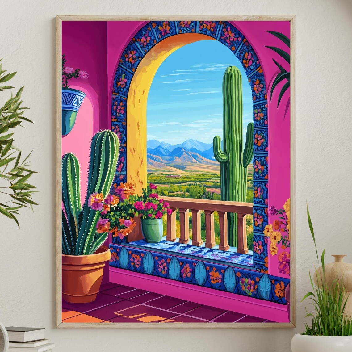 Vibrant Mexican Hacienda Art Pink Arch Saguaro Cactus Balcony Poster
