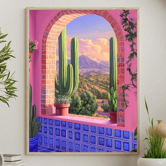Mexican Desert Window View Art Print Southwestern Cactus Landscape Wall Art Colorful Mexican Home Decor Boho Decor