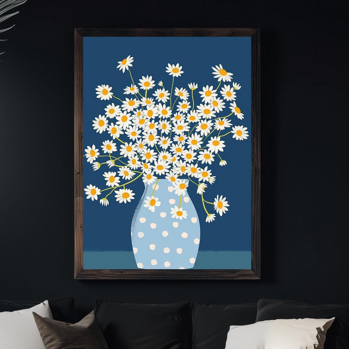 White Daisy Bouquet Blue Polka Dot Vase Minimalist Floral Art Poster