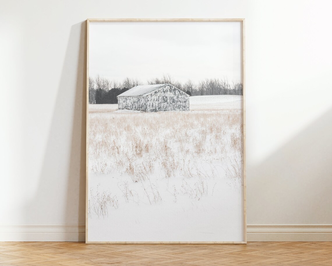 Snowy Winter Barn in Frosted Field Minimalist Photography Art Poster