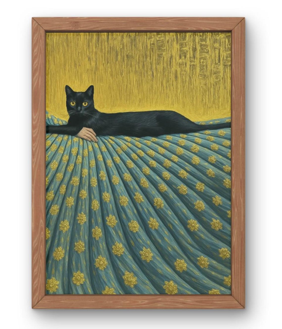 Surreal Black Cat Lounging on Blue Gold Gown Whimsical Art Poster