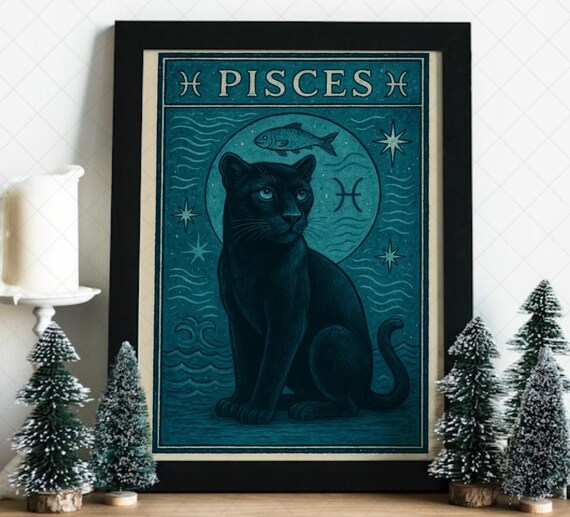 Pisces Zodiac Wall Art Wild Cat Astrology Print Gift For Him Or Her Celestial Big Poster Water Sign Decor Available A5 A1