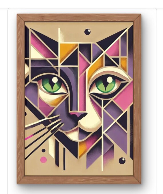 Geometric Cat Face Art Print Bold Abstract Feline Wall Decor In Purple Gold And Pink