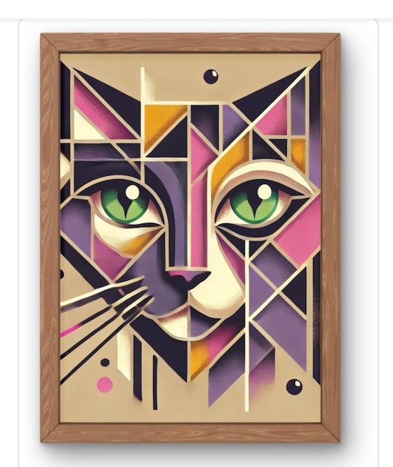 Geometric Cat Face Green Eyes Purple Gold Art Deco Feline Portrait Poster