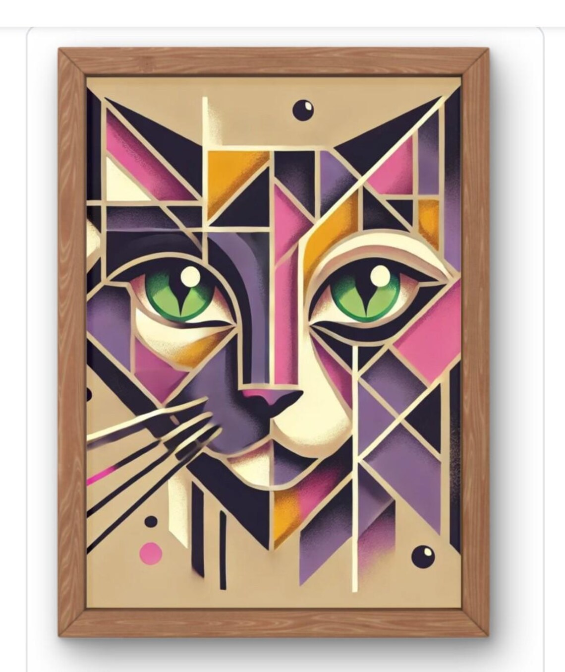 Geometric Cat Face Art Print Bold Abstract Feline Wall Decor In Purple Gold And Pink