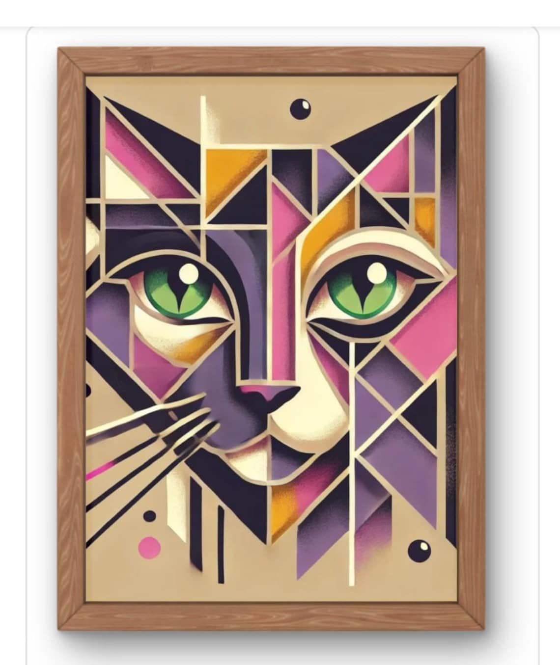 Geometric Cat Face Green Eyes Purple Gold Art Deco Feline Portrait Poster