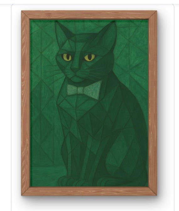 Geometric Green Cat Art Print Abstract Modern Feline Illustration Stylish With Bow Tie Wall Decor Available A5 A1