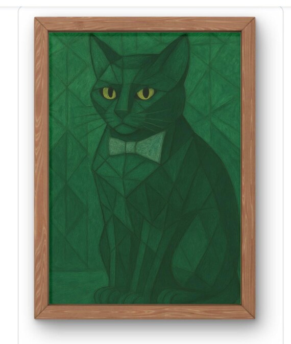 Geometric Green Cat Art Print With Cubist Bow Tie Feline Portrait