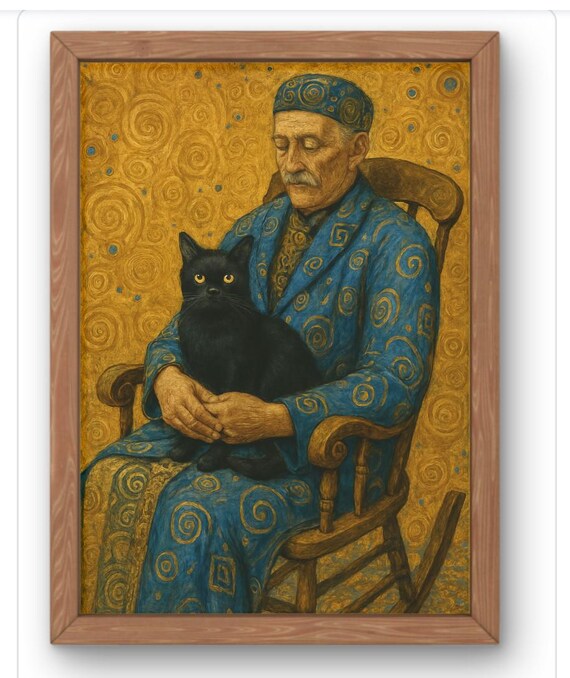 Golden Swirl Cat Elderly Man with Black Cat Klimt Style Art Poster