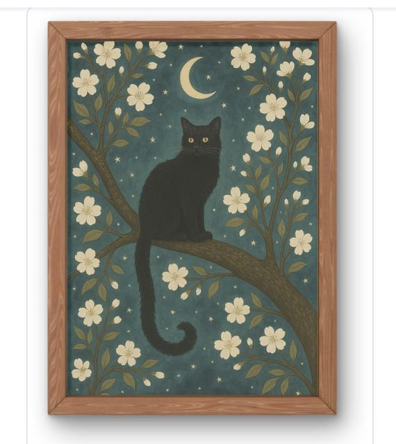 Black Cat Under Crescent Moon White Blossom Night Art Poster
