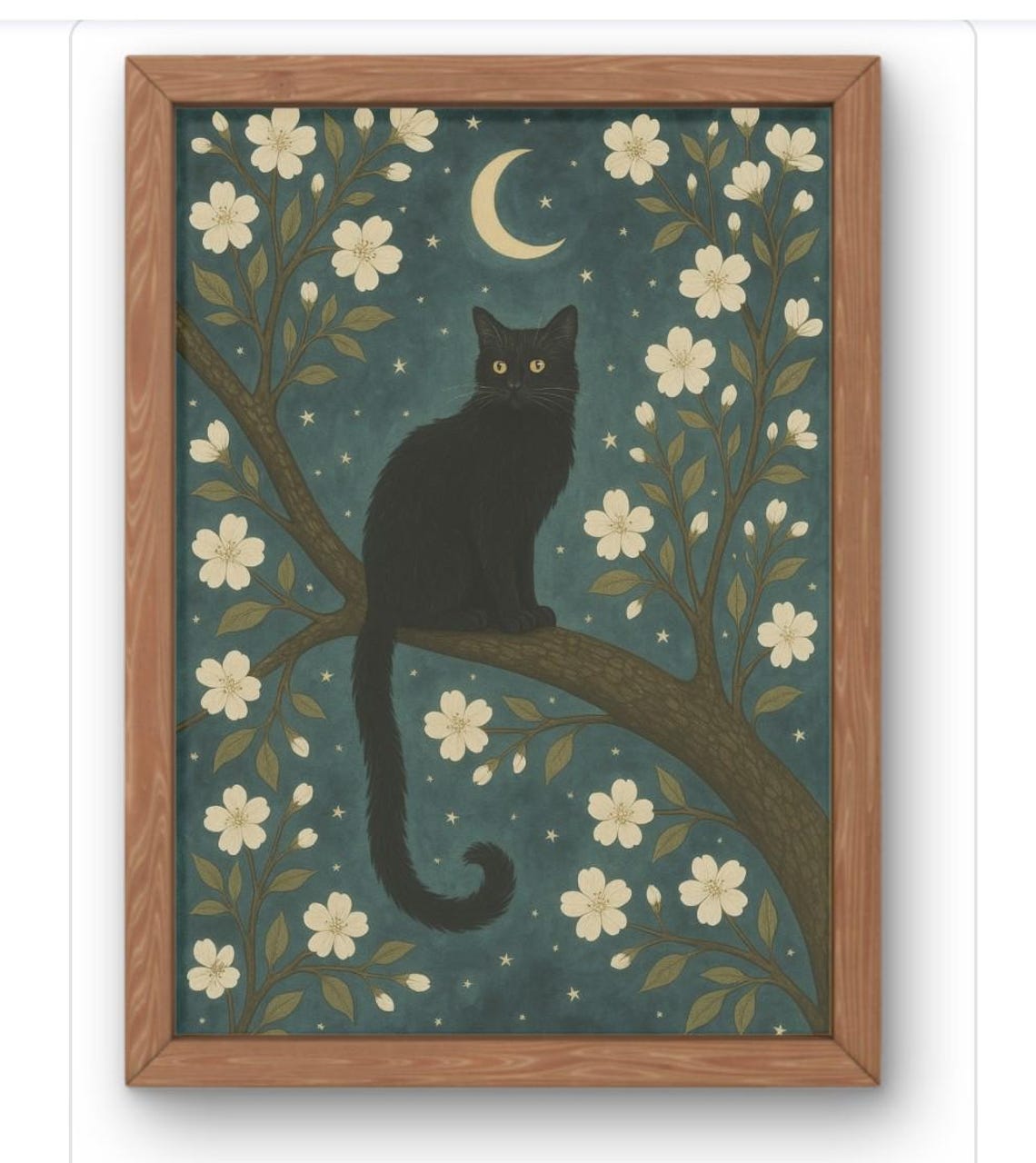 Moonlit Black Cat Wall Art Night Sky Floral Print Celestial Poster Magical Lover Decor Dark Botanical Artwork