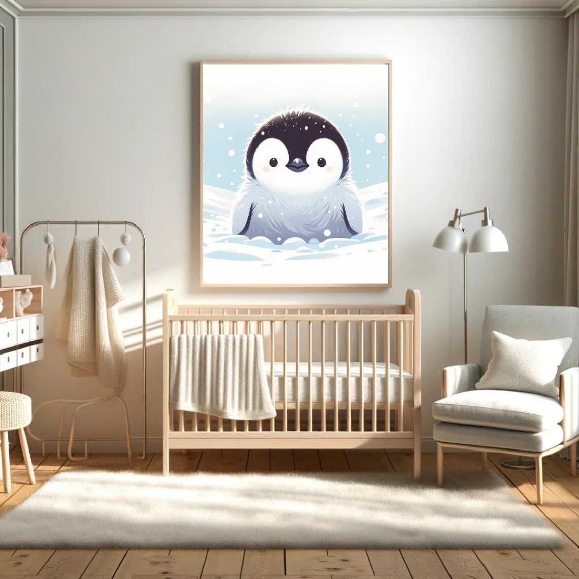 Baby Penguin Snowflakes Cute Fluffy Chick Winter Nursery Kids Print - Image 2