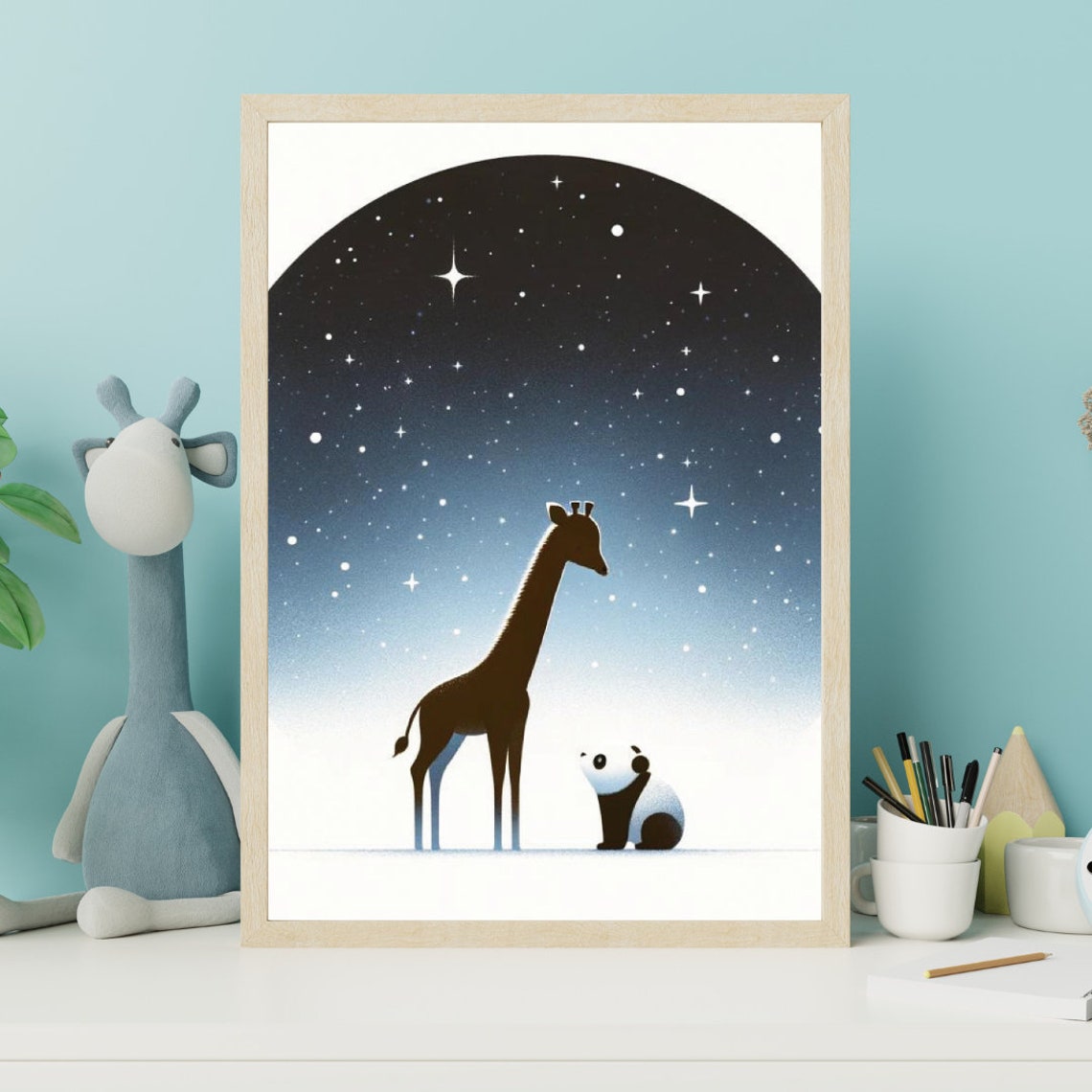 Giraffe Panda Starry Night Silhouette Magical Nursery Kids Wall Art