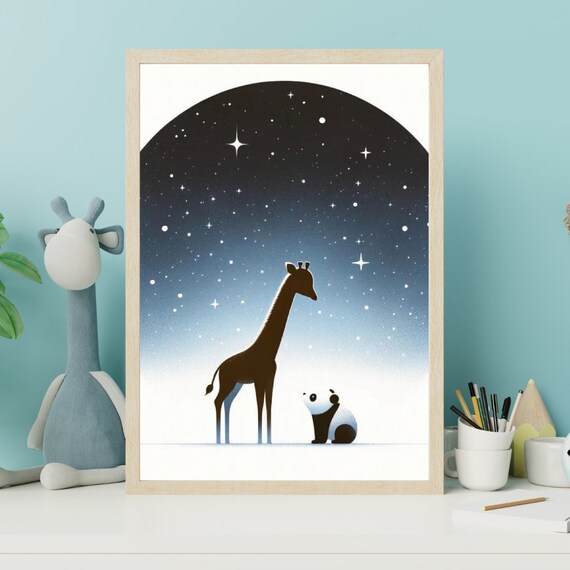 Giraffe Panda Starry Night Silhouette Magical Nursery Kids Wall Art