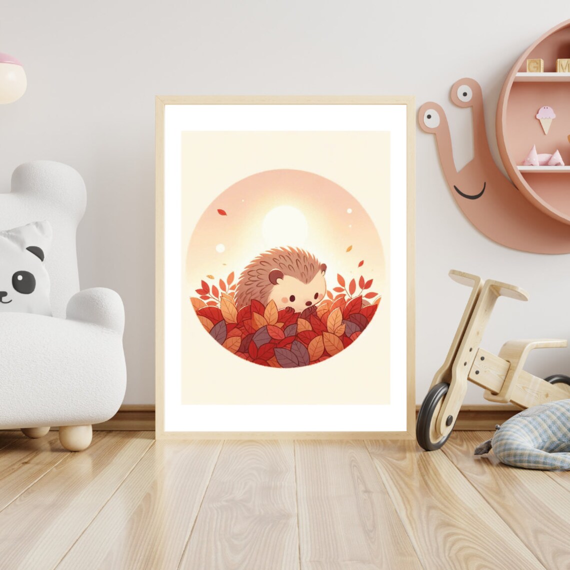 Baby Hedgehog Autumn Leaves Cozy Fall Circle Cute Nursery Wall Art