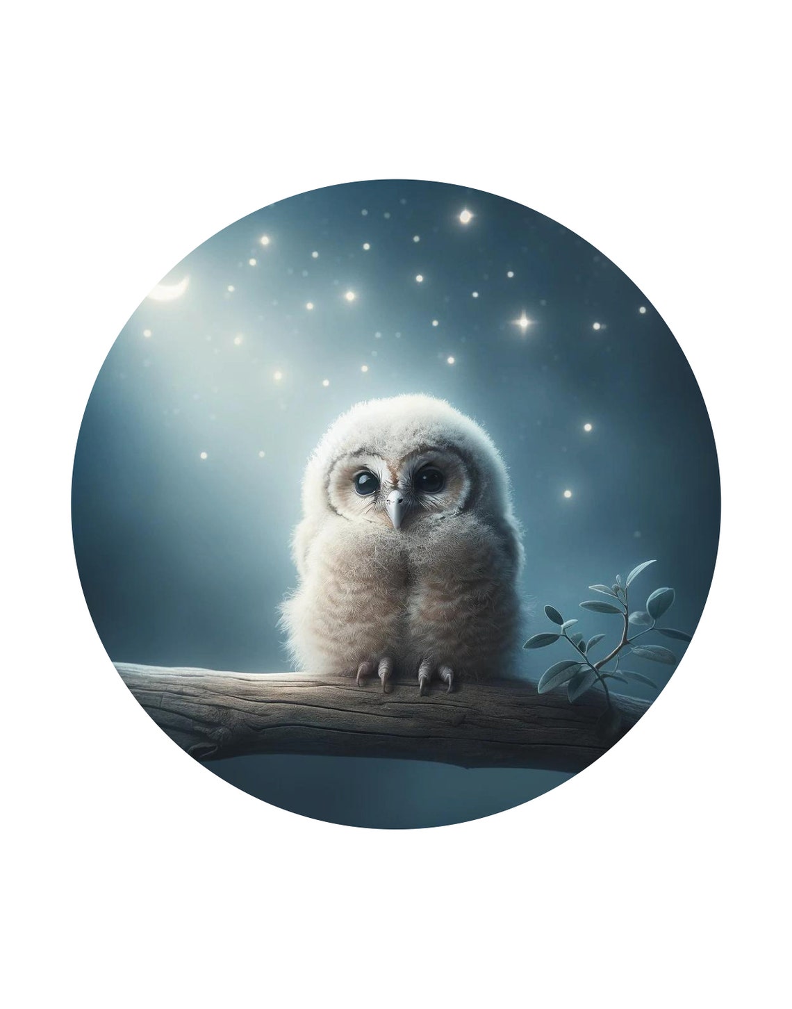 Baby Owl Starry Night Moonlit Branch Soft Blue Nursery Art Print - Image 3