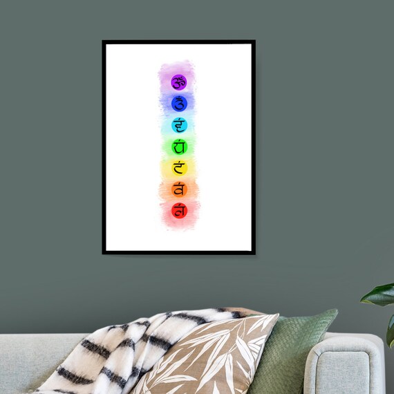 Colorful Chakra Energy Symbols Rainbow Watercolor Spiritual Yoga Wall Art