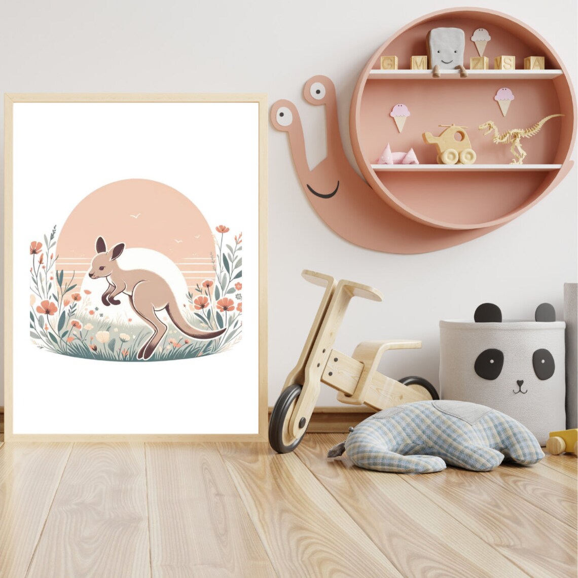 Kangaroo Joey Sunrise Wildflowers Pastel Nursery Illustration Wall Art - Image 2