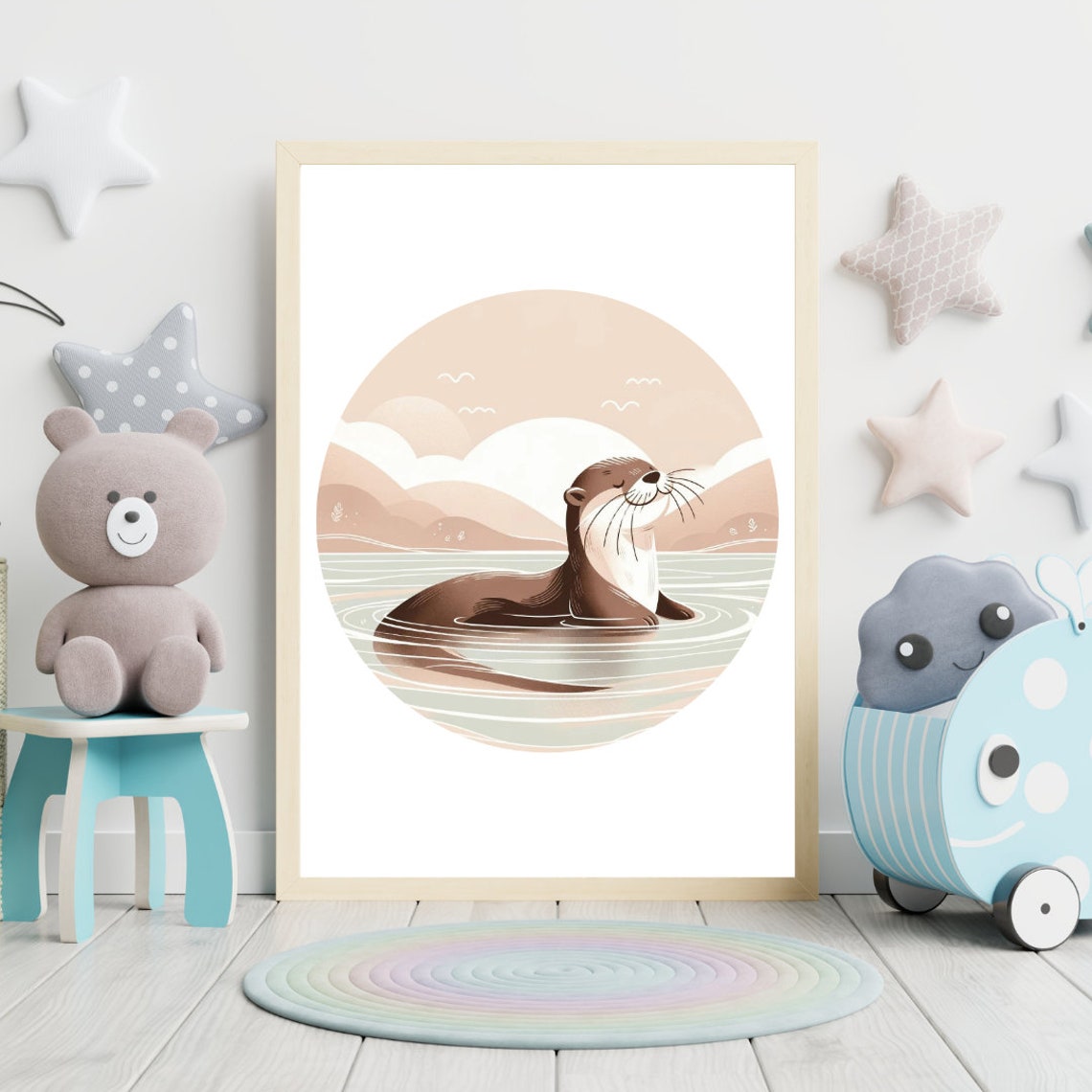 Tranquil Otter Floating Sunset River Soft Nursery Art Poster - Image 4