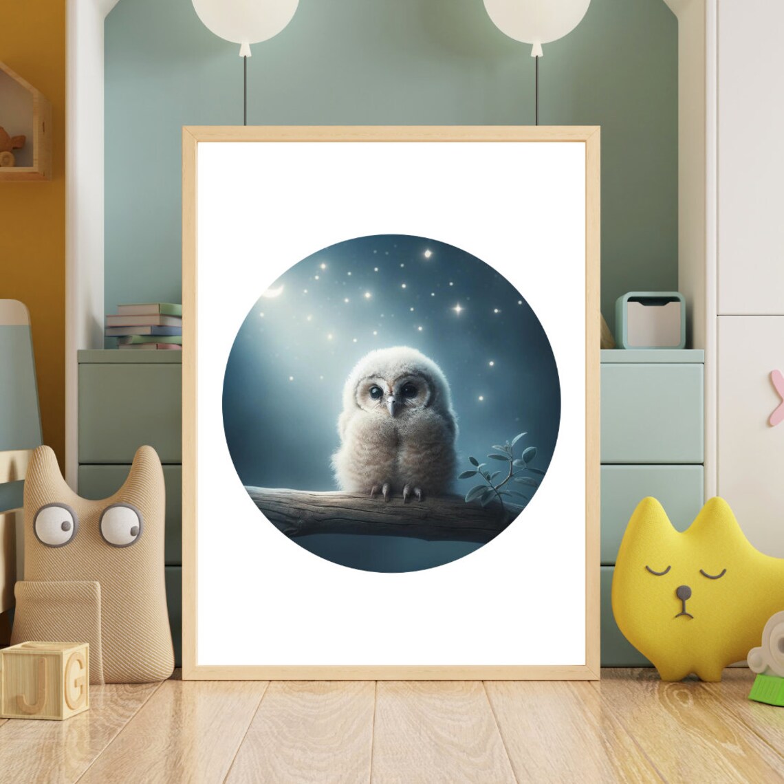 Baby Owl Starry Night Moonlit Branch Soft Blue Nursery Art Print - Image 4