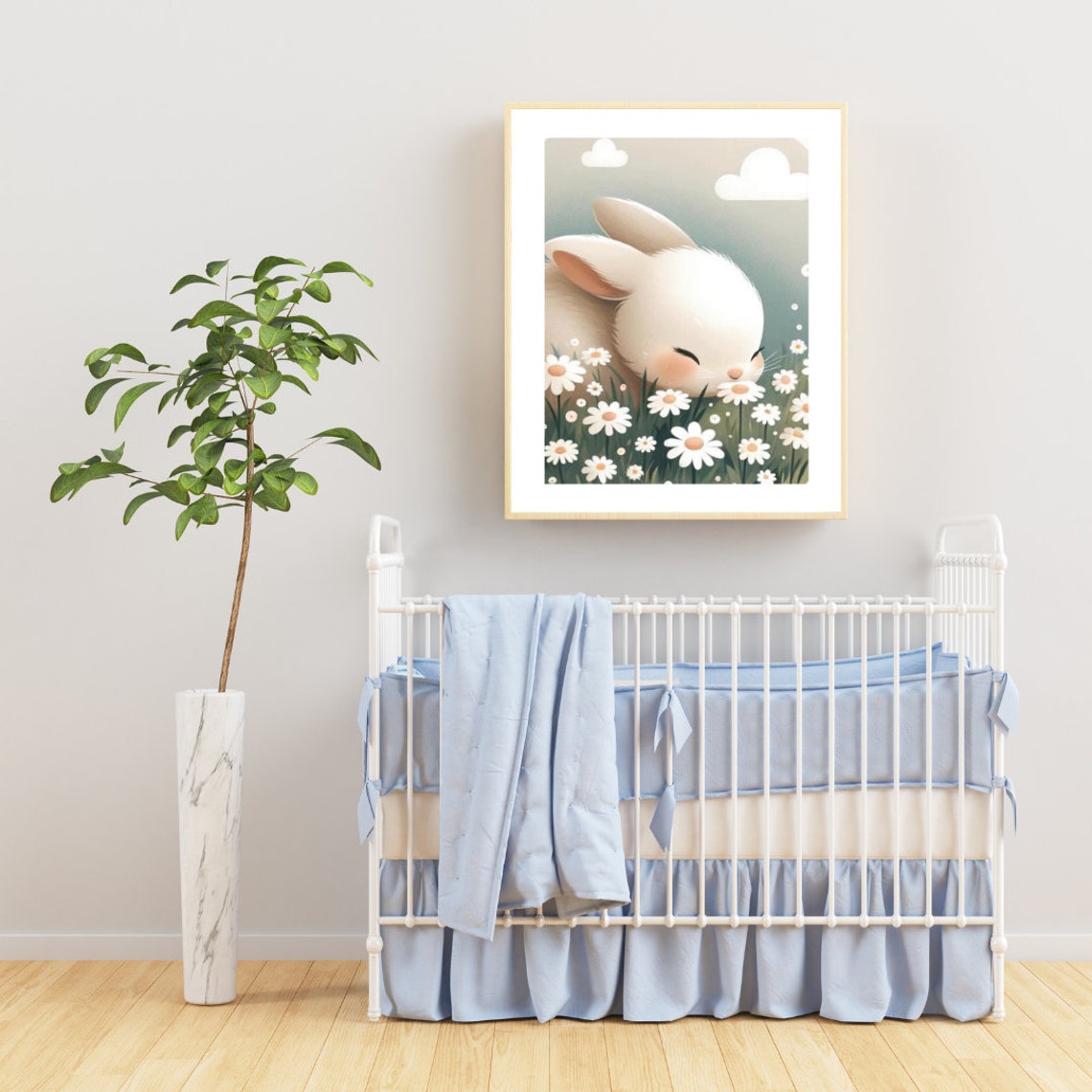 Adorable White Bunny Sniffing Daisies Spring Nursery Wall Poster - Image 2