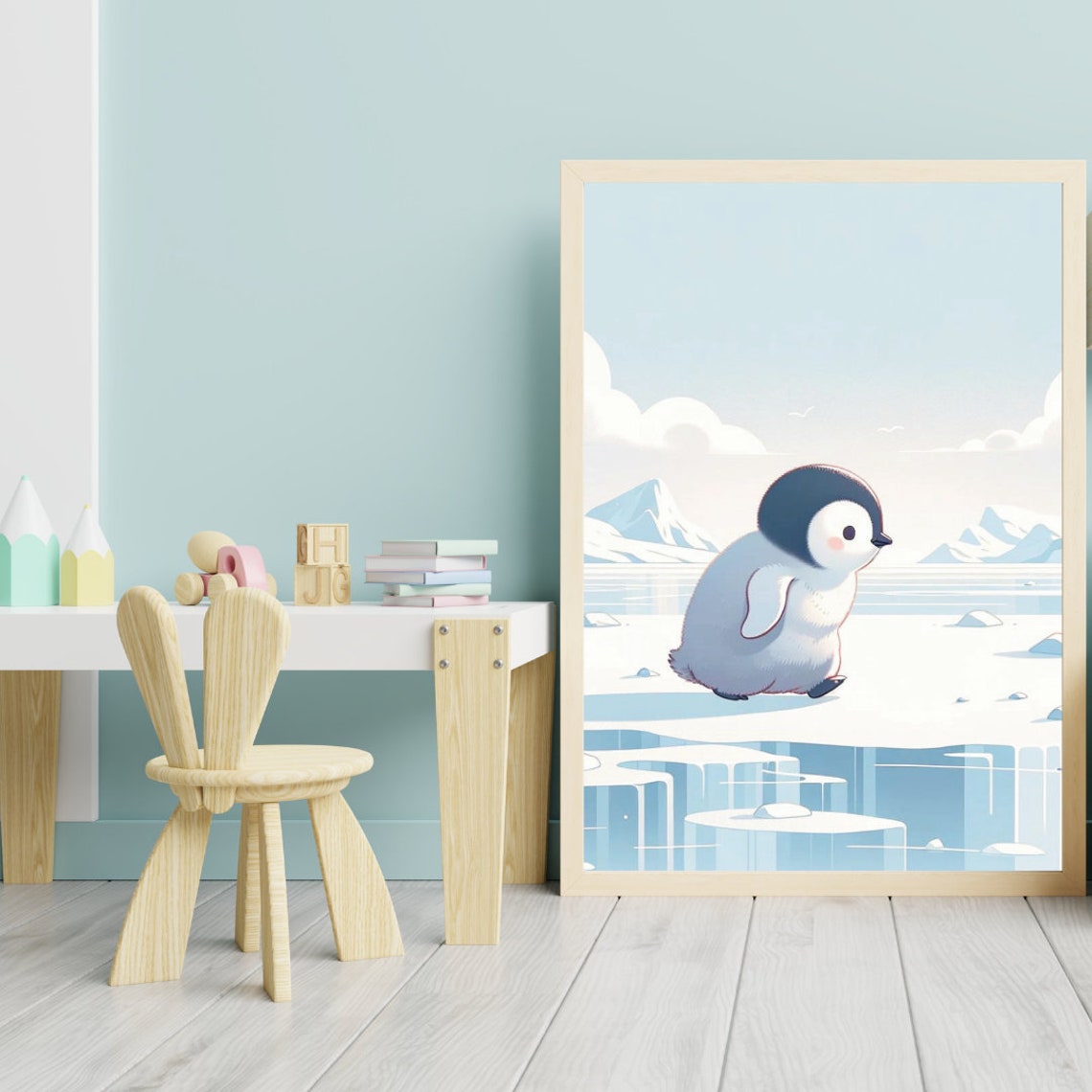 Baby Penguin Chick Ice Floe Antarctic Blue Nursery Illustration Print - Image 4