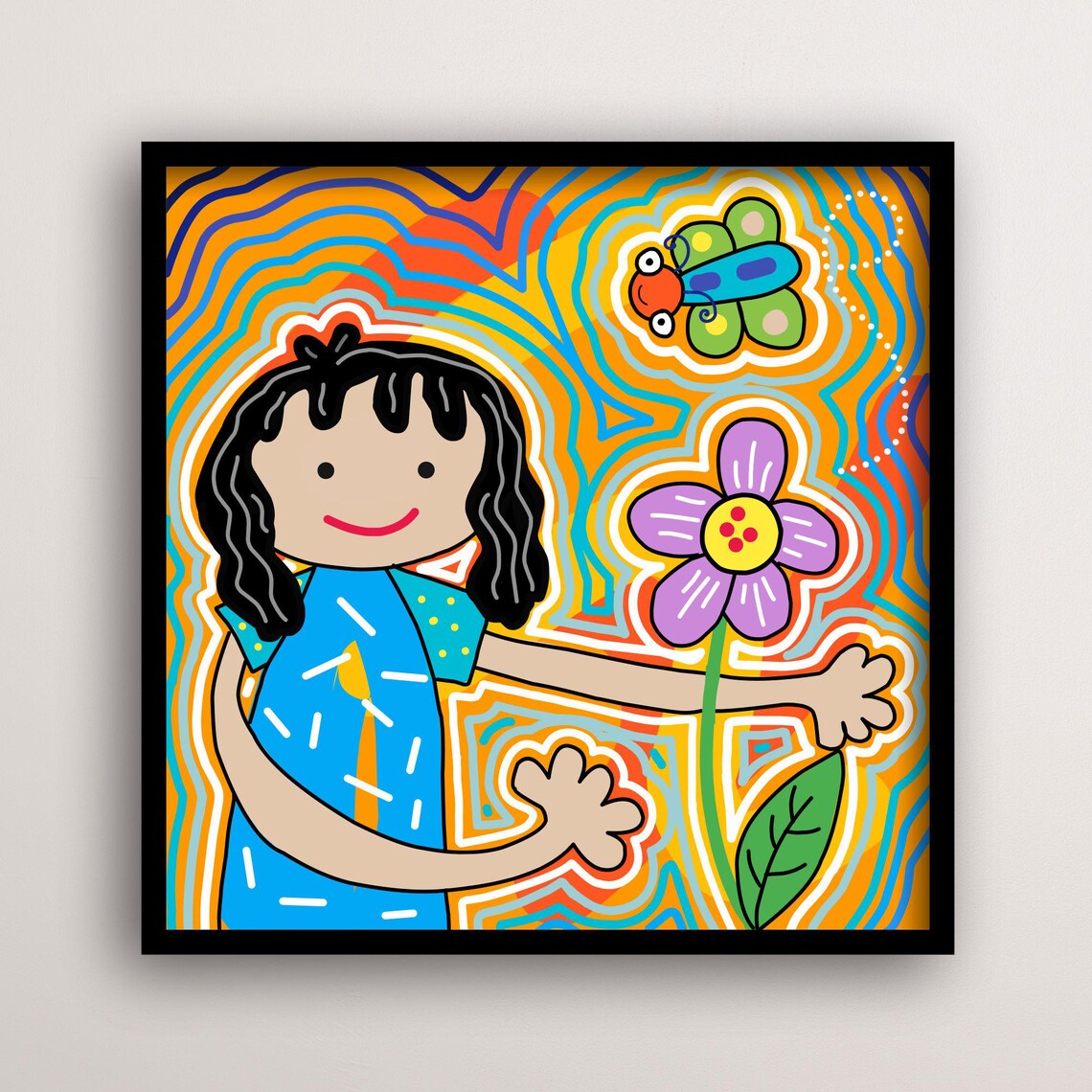 Playful Kids And Butterfly, Whimsical Flower Art Print