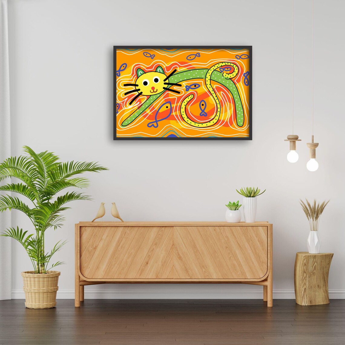 Whimsical Cat Art, Playful Boho Animal Decor - Image 2