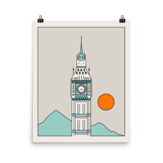 Big Ben London Clock Tower Minimalist Cat Landmark Art Poster