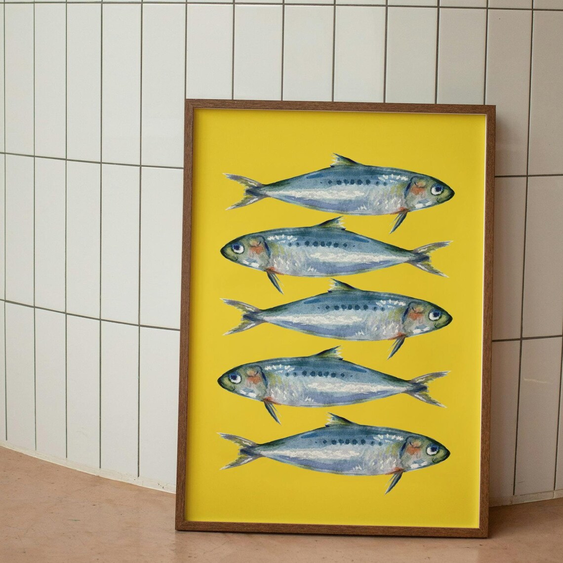 Physical Poster Sardines Bright Yellow Sea Life Fish Ocean Seafood Wall Art Maximalist Kitchen Decor