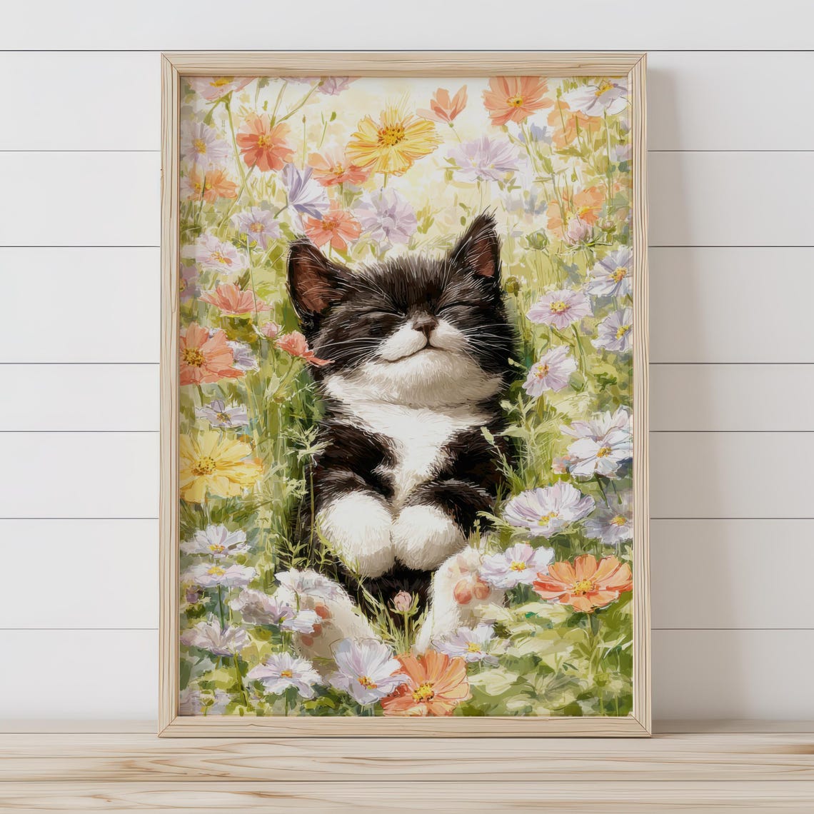 Tuxedo Kitten Sleeping in Wildflower Meadow Watercolor Poster