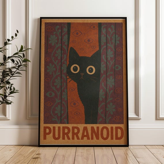 Funny Purranoid Cat Poster Quirky Retro Black Print
