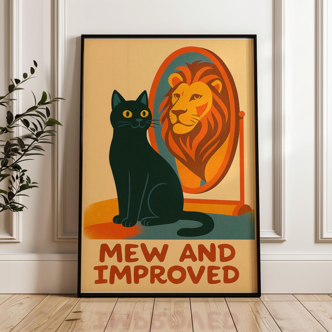 Black Cat Lion Mirror Reflection Mew and Improved Funny Cat Art Poster