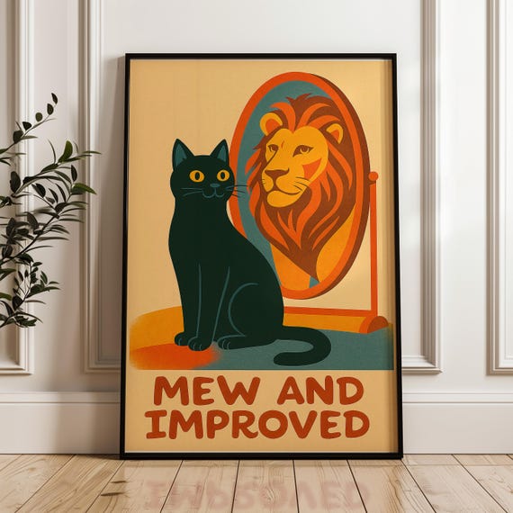 Funny Cat Lion Reflection Poster Whimsical Retro Wall Art
