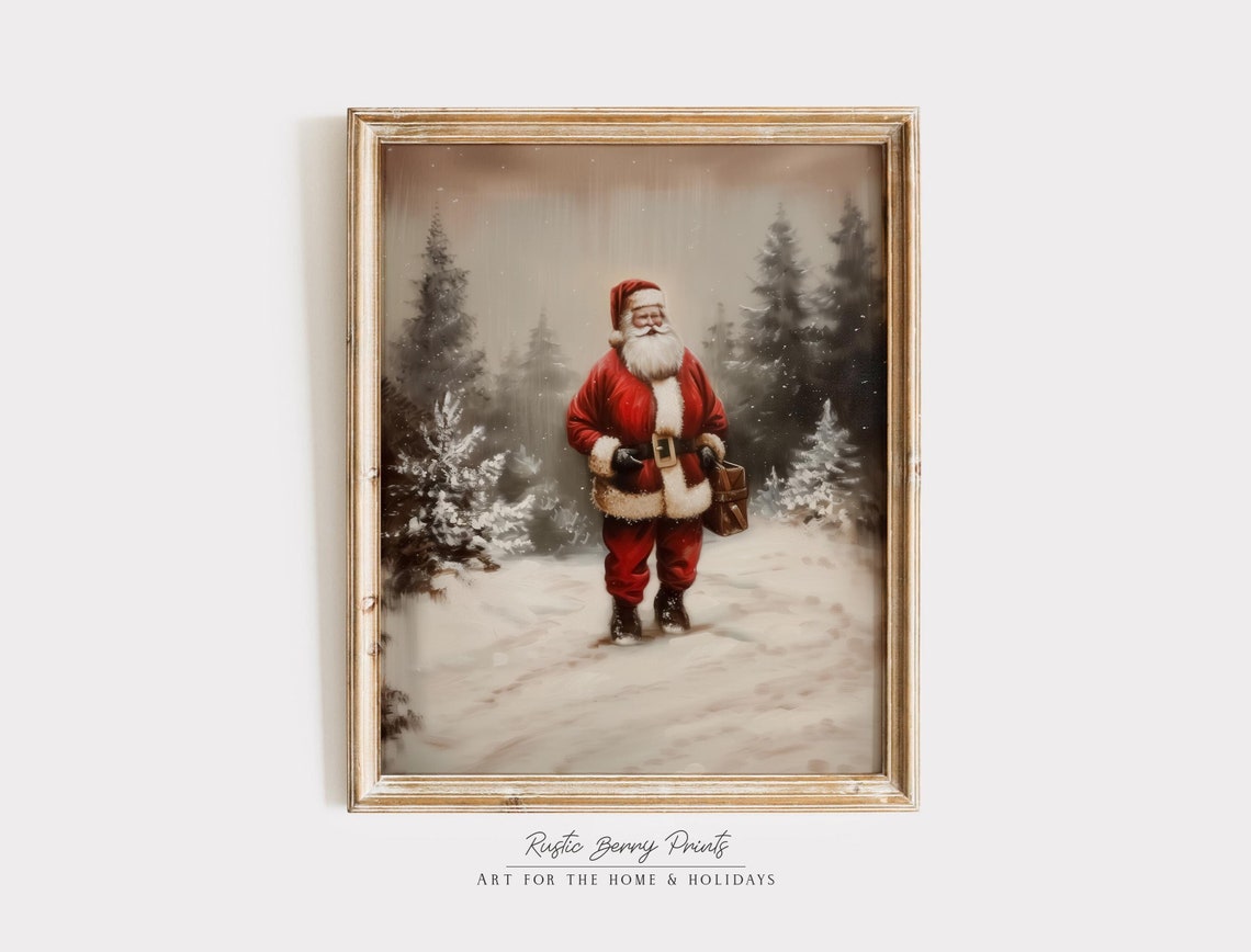 Santa Claus With Lantern Misty Pine Forest Snowfall Evening Poster