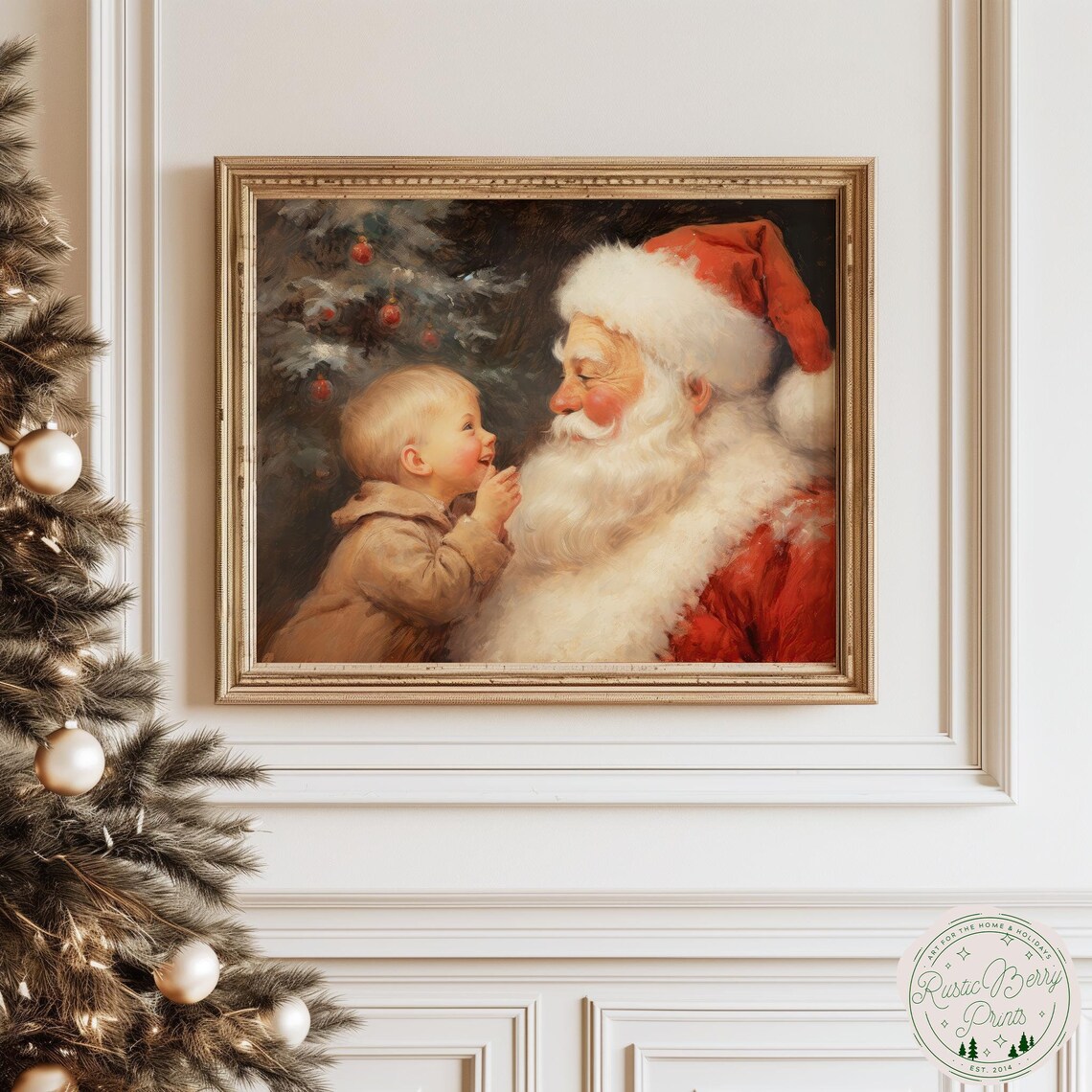 Vintage Santa Claus and Child Whispering Christmas Portrait Art Print