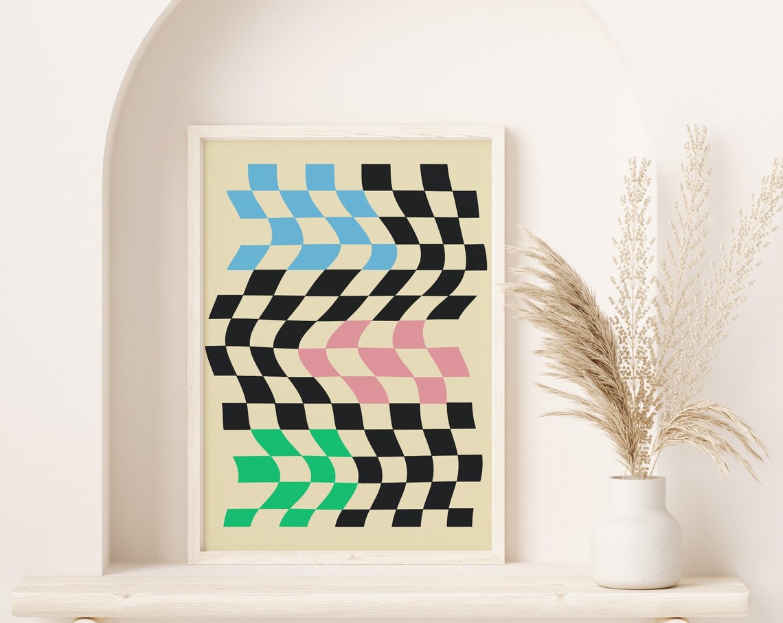 Wavy Psychedelic Checkerboard Poster in Blue Pink Green and Black - Image 2